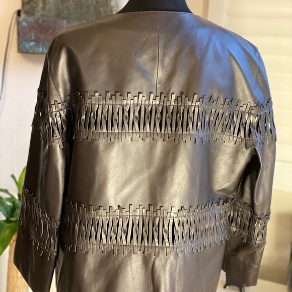 Lafayette 148 New York Dark Brown Leather Jacket with Fringe Accents - Picture 4 of 10